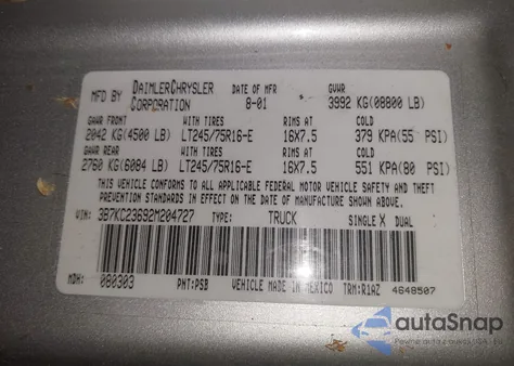 2002 Dodge Ram 2500 St from USA, damaged, VIN 3B7KC23692M204727